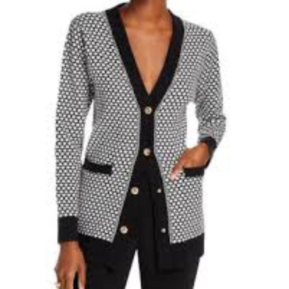 Sioni Black and White Print Gold Button Snap Front V-Neck Cardigan Size XL